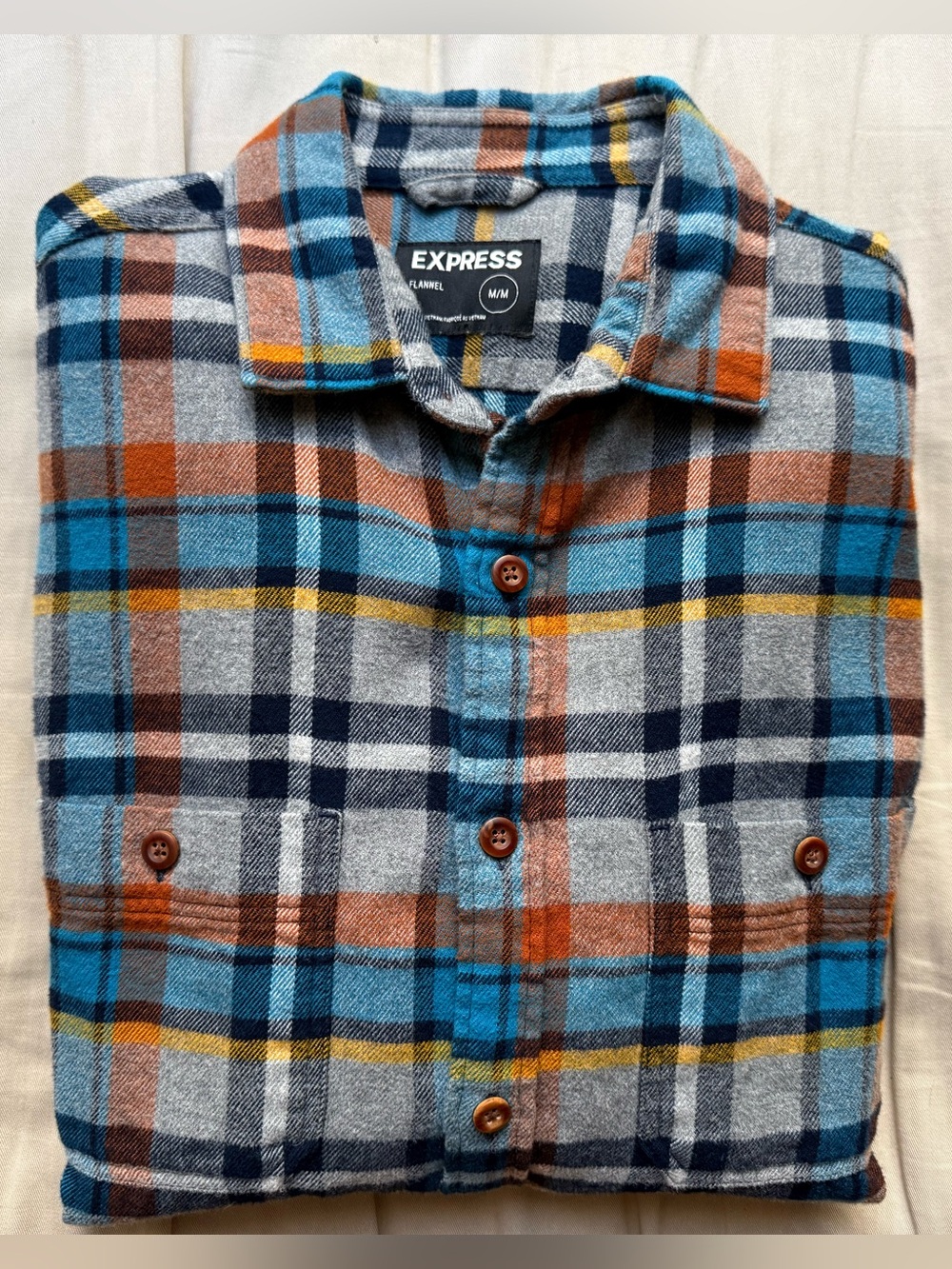 Express Menβs Blue, Brown & Yellow Plaid Button-Down Shirt